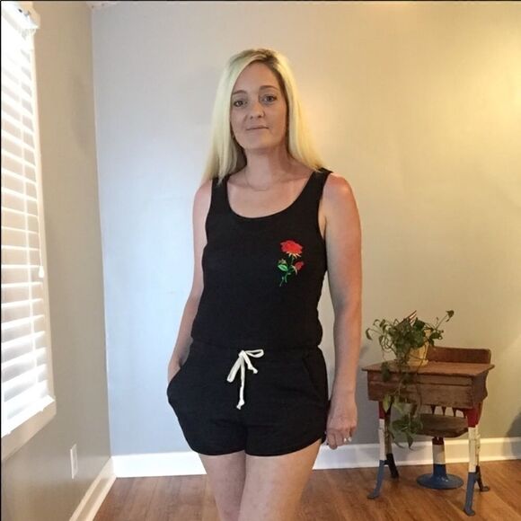 Embroidered Rose Black Romper   - Picture 2 of 4